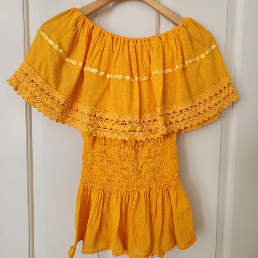 Summer Festival Mexican Yellow Off-Shoulder Top Floral Embroidery Crochet Boho - Picture 2 of 8